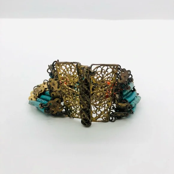 Rare Vintage Egyptian Revival Faience brass filigree bracelet - Picture 8 of 16